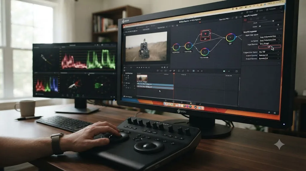 Illustration of an on-screen assistant highlighting the Color Space Transform settings in DaVinci Resolve on a Mac working on Sony FX3 footage