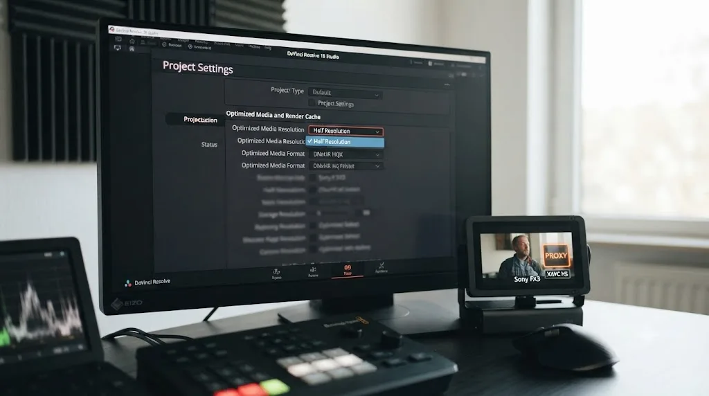 Illustration of a DaVinci Resolve Optimized Media settings panel next to a Sony FX3 file icon marked with a proxy indicator