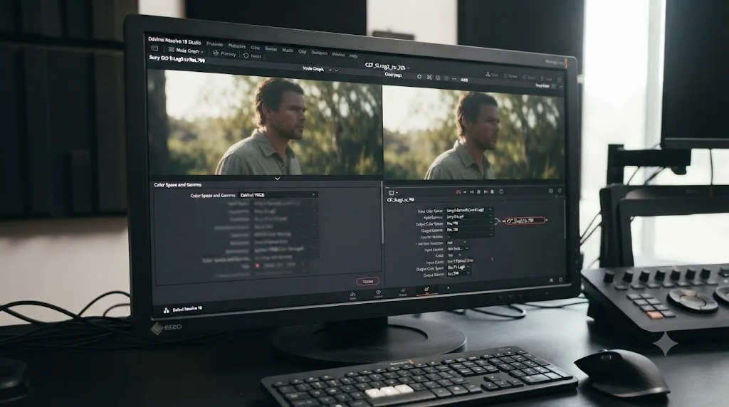 Illustration comparing DaVinci Resolve Color Management settings against a manual Color Space Transform node for Sony FX3 footage