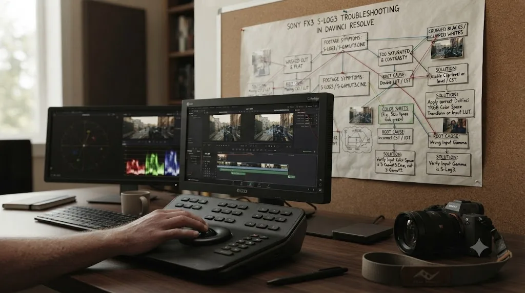 Illustration of a troubleshooting decision tree matching Sony FX3 S-Log3 footage symptoms in DaVinci Resolve to their causes