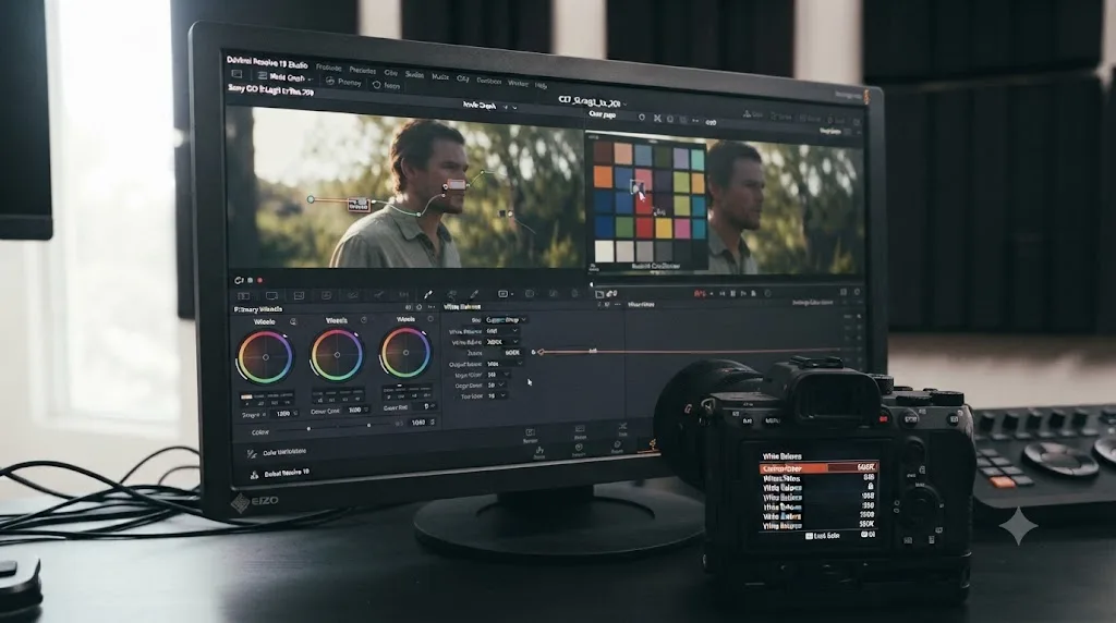 Illustration of a Sony FX3 white balance menu with a locked Kelvin value beside a DaVinci Resolve primary correction node using an eyedropper on a neutral reference