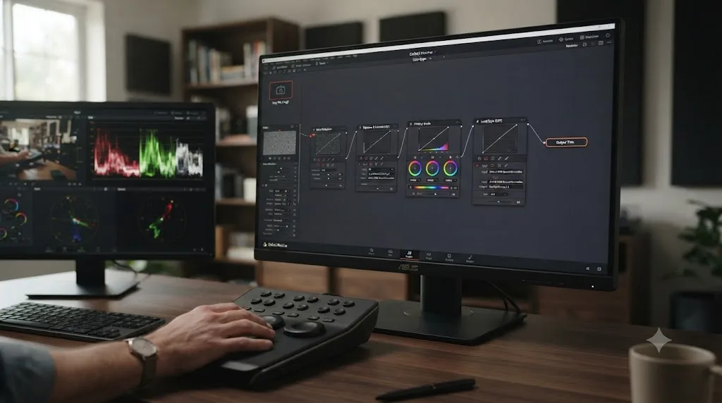 Illustration of a five-node DaVinci Resolve node graph taking Sony FX3 S-Log3 footage from Log source to finished Rec.709 grade
