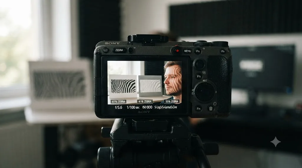 Illustration of a Sony FX3 viewfinder showing zebra patterns at target percentages on a white card, grey card, and skin tone reference