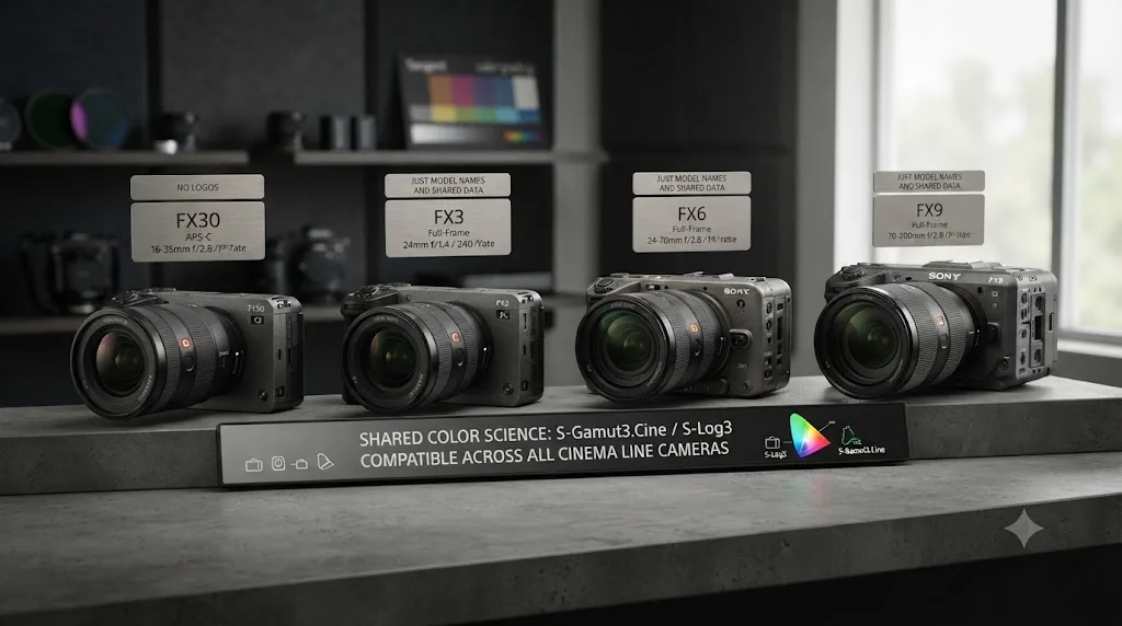 Illustration comparing Sony Cinema Line cameras FX30, FX3, FX6, and FX9 sharing the same S-Gamut3.Cine and S-Log3 color science