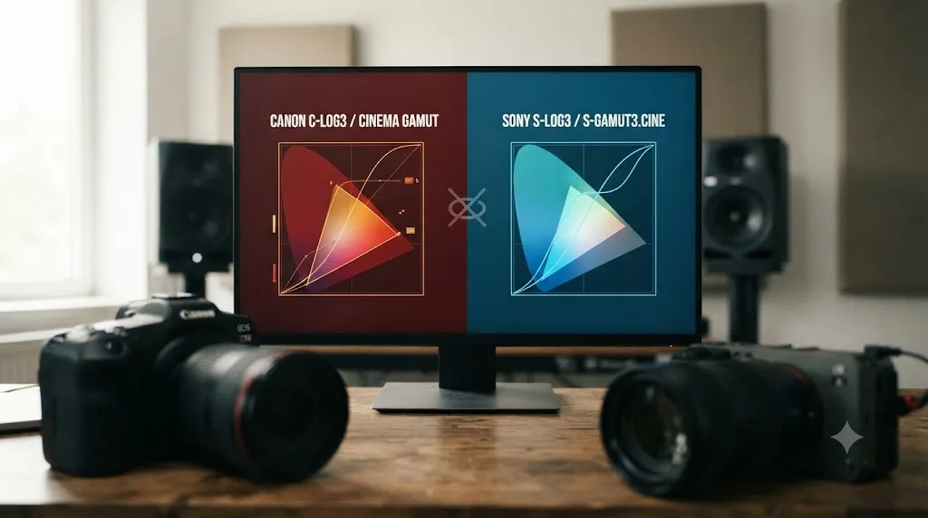 Illustration comparing Canon C-Log3 with Cinema Gamut against Sony S-Log3 with S-Gamut3.Cine as two separate log formats