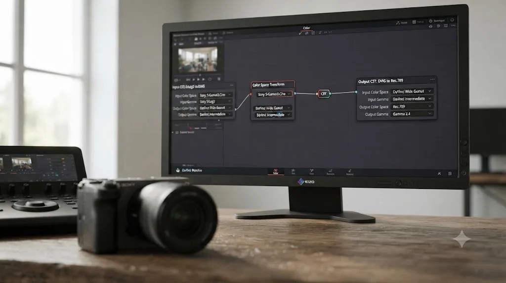 Illustration of a DaVinci Resolve node graph with two Color Space Transform nodes converting Sony FX30 S-Log3 footage to Rec.709 output