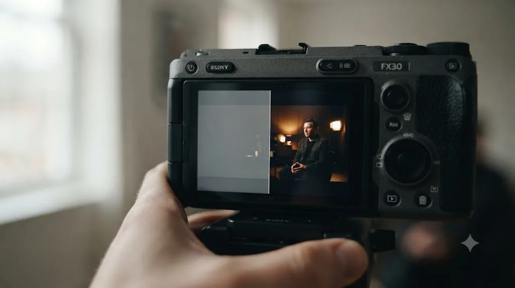 Illustration comparing a flat grey S-Log3 preview and the same frame with Gamma Display Assist applied on a Sony FX30 viewfinder