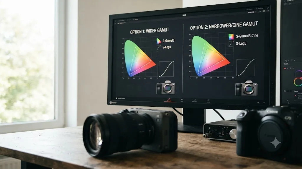 Illustration comparing Sony FX30 Color Gamut options S-Gamut3.Cine and S-Gamut3 paired with S-Log3