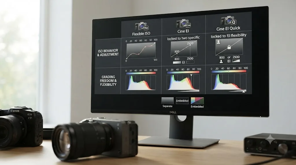 Illustration comparing Sony FX30 Log Shooting modes Flexible ISO, Cine EI, and Cine EI Quick