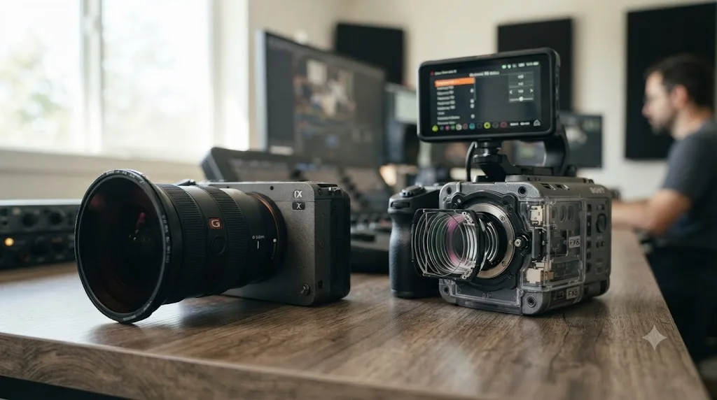 Illustration comparing a Sony FX30 with an external clip-on ND filter against a Sony FX6's internal electronic ND filter