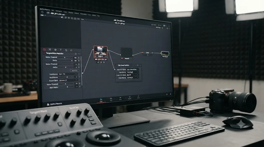 Illustration of a DaVinci Resolve node graph with a Noise Reduction node placed before a Color Space Transform node on Sony FX30 S-Log3 footage