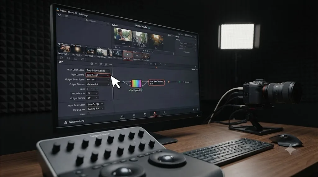 Illustration of an on-screen assistant highlighting the Color Space Transform settings in DaVinci Resolve on a Mac