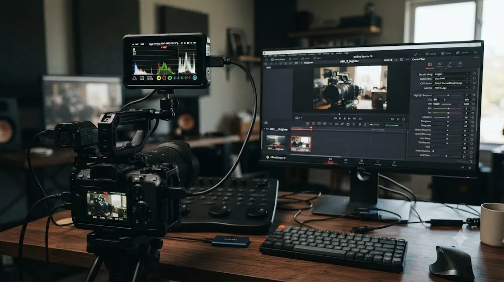 Illustration of a Sony FX30 connected to an external recorder over HDMI capturing 16-bit RAW video, next to a DaVinci Resolve Camera RAW panel