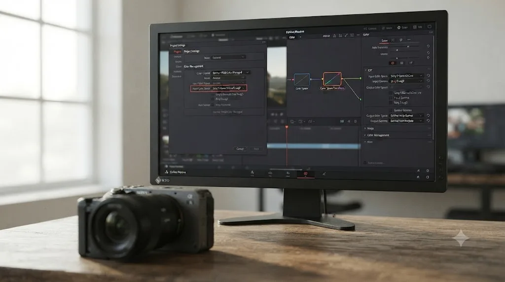 Illustration comparing DaVinci Resolve Color Management settings against a manual Color Space Transform node for Sony FX30 footage