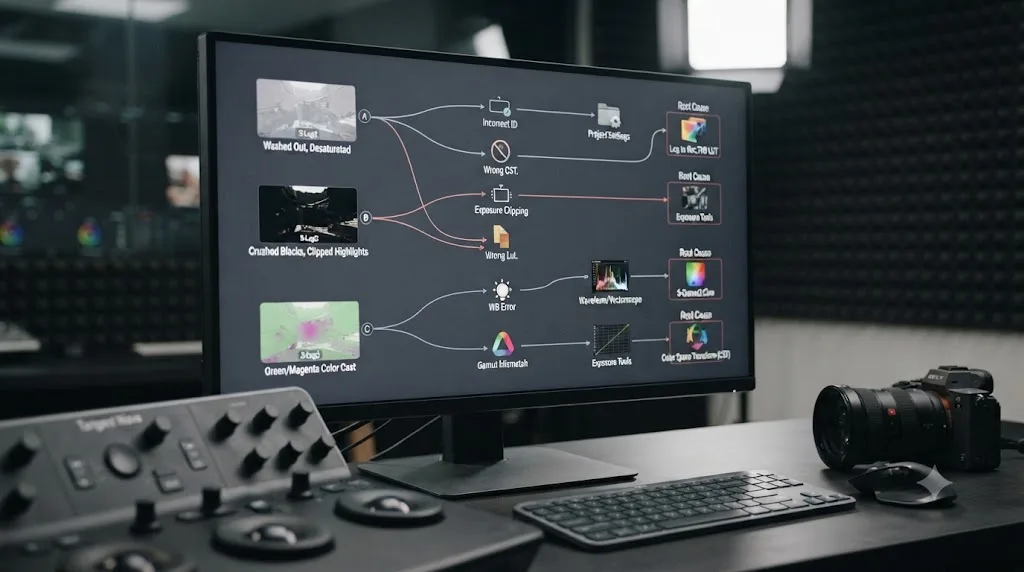 Illustration of a troubleshooting decision tree matching Sony FX30 S-Log3 footage symptoms in DaVinci Resolve to their causes
