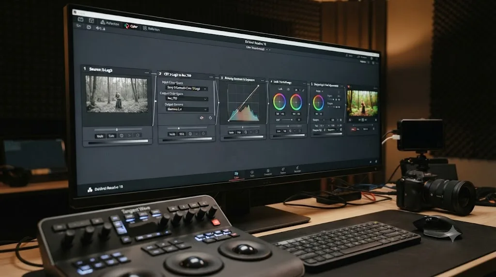 Illustration of a five-node DaVinci Resolve node graph taking Sony FX30 S-Log3 footage from Log source to finished Rec.709 grade