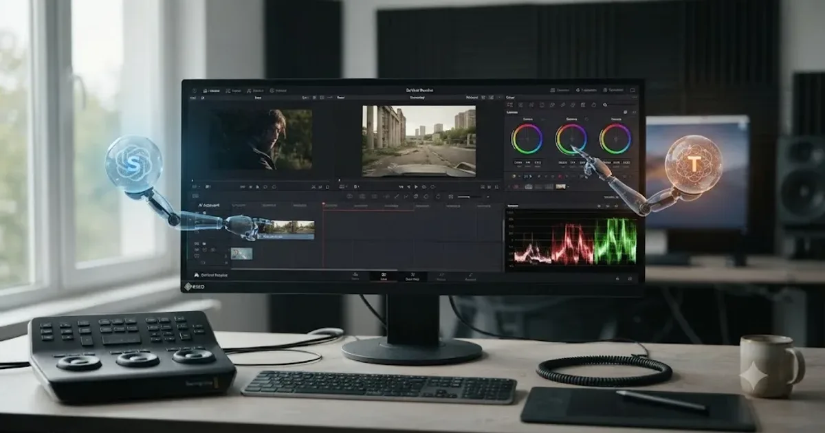 Illustration of two AI assistant icons side by side, one editing a DaVinci Resolve timeline and one pointing at an on-screen control