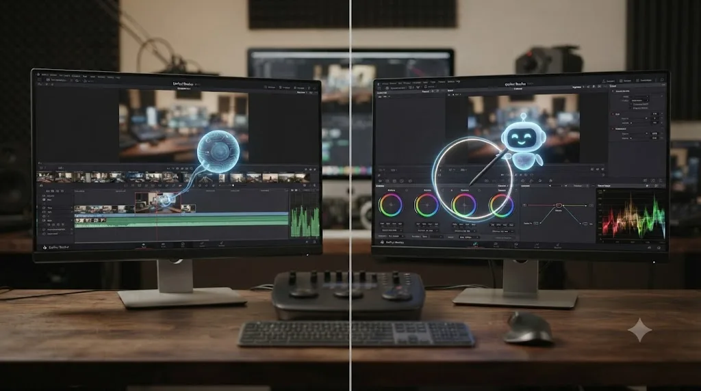 Illustration comparing an AI agent moving a clip on a timeline with an on-screen assistant circling a control