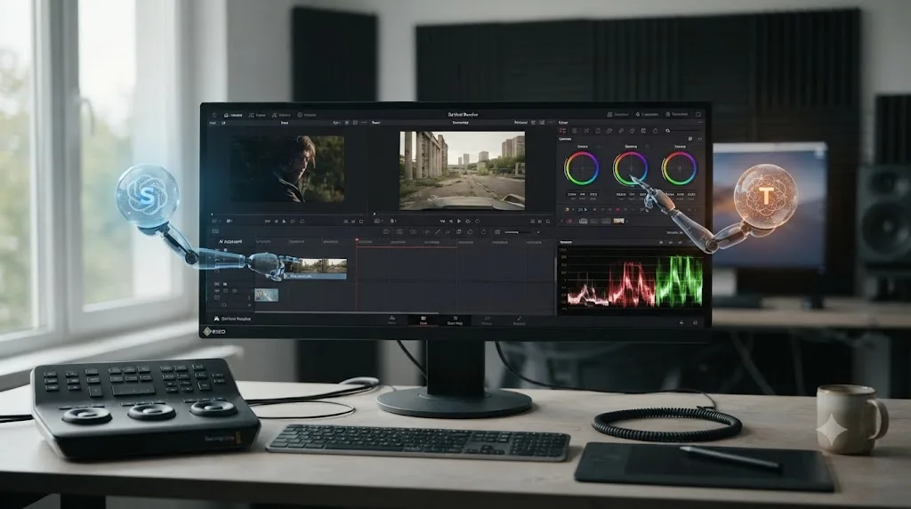 Illustration of two AI assistant icons beside a DaVinci Resolve interface, one moving a timeline clip and one circling a control