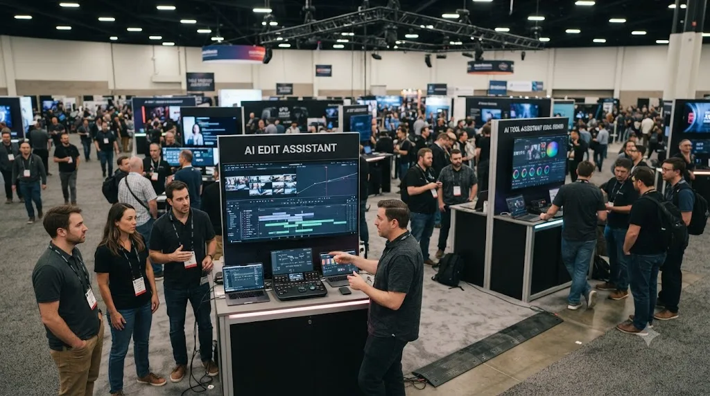 Illustration of a trade show floor with AI editing assistant booths and editors watching live demos