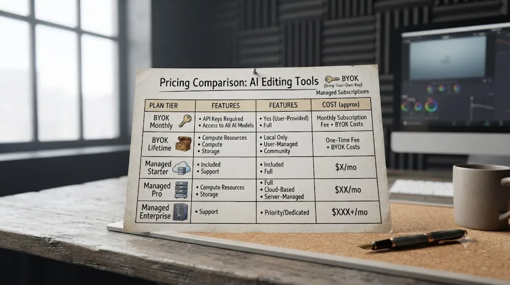 Illustration of a pricing chart comparing bring-your-own-key and managed subscription tiers for an AI editing tool