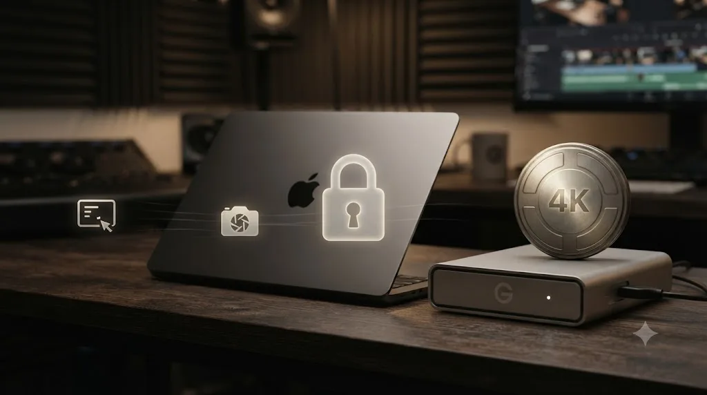 Illustration of privacy boundaries showing only a text prompt and screenshot leaving a Mac while footage files stay local