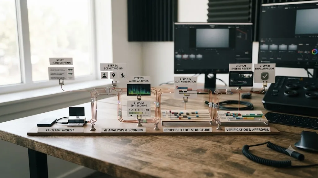 Illustration of a step-by-step flow from footage transcription to a proposed and verified DaVinci Resolve timeline edit