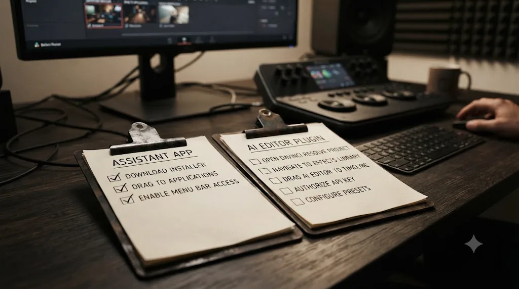Illustration of two side-by-side setup checklists for installing a menu-bar assistant app and adding an AI editor to a project