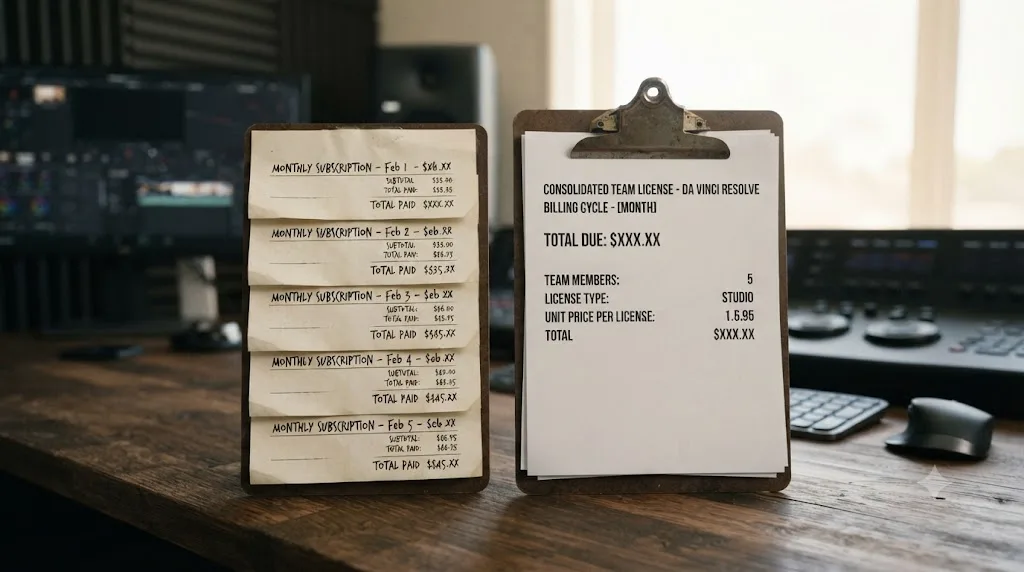 Illustration of five individual subscription receipts beside one consolidated team invoice for a group of editors