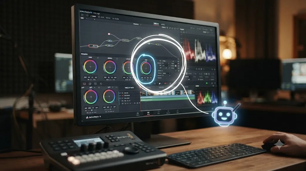 Illustration of a stylized on-screen assistant drawing a circle around a highlighted control in a video-editing interface
