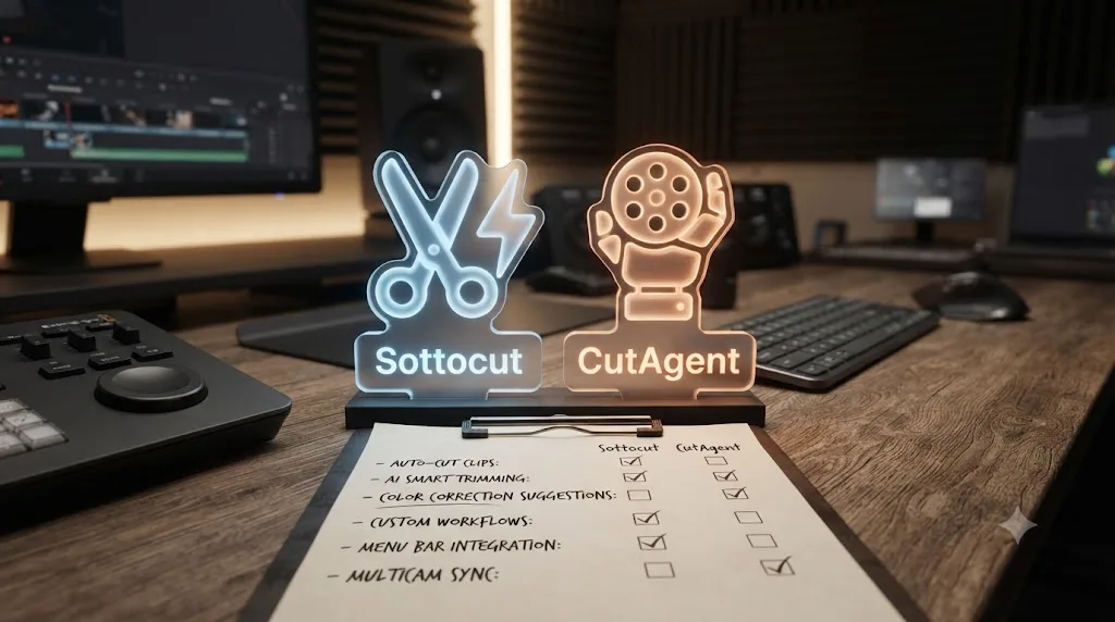 Illustration of two AI editing agent icons labeled Sottocut and CutAgent above a feature comparison checklist