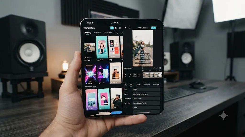 Illustration of CapCut's trending template and auto-caption interface on a phone screen