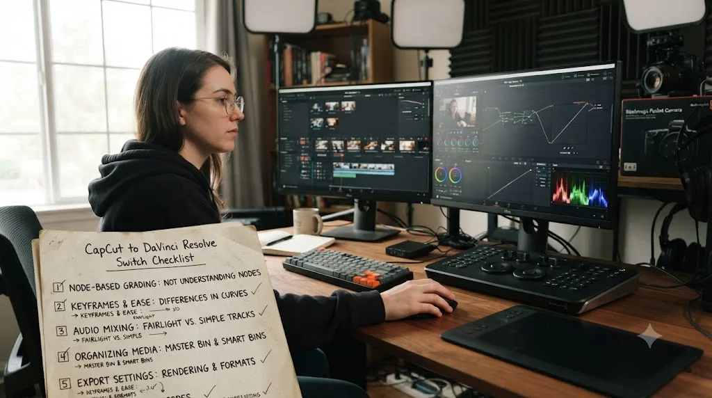 Illustration of a checklist of common mistakes when switching from CapCut to DaVinci Resolve