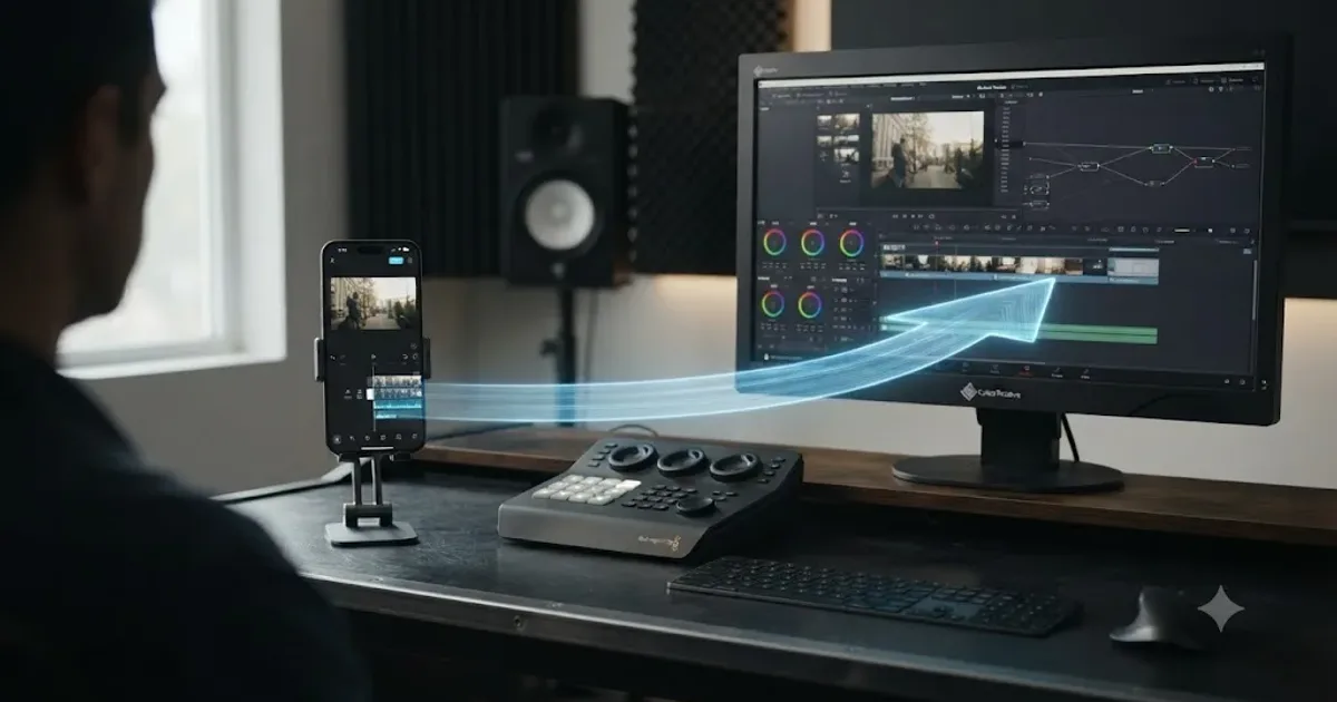 Illustration of a CapCut mobile timeline turning into a DaVinci Resolve desktop timeline