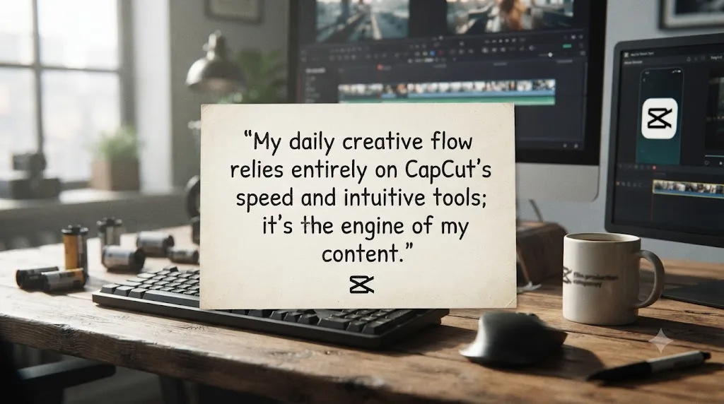 Illustration of a quote card about a creator's dependence on CapCut for their daily editing workflow