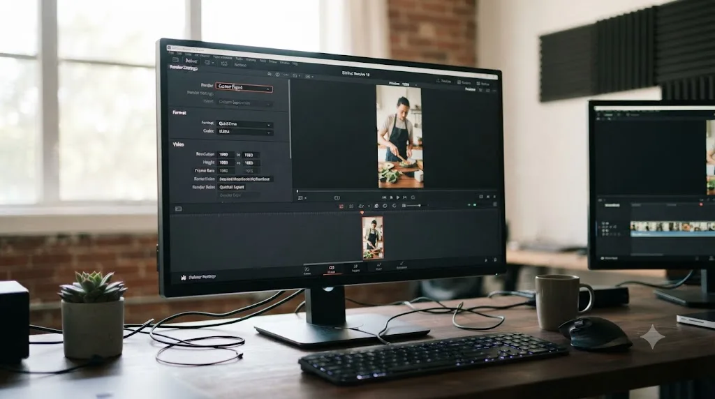 Illustration of a DaVinci Resolve Deliver page configured with 1080x1920 H.264 export settings for TikTok and YouTube Shorts