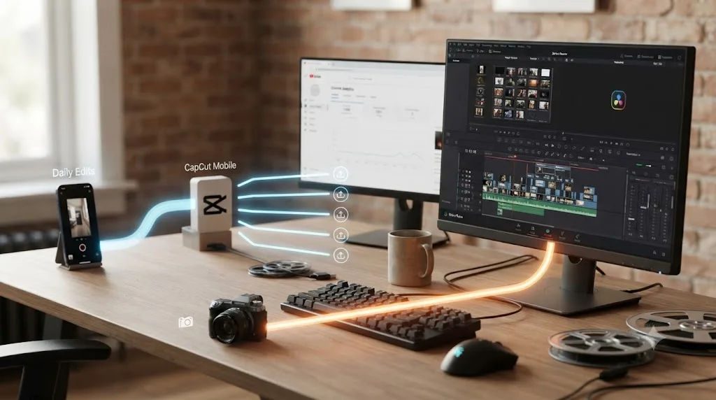 Illustration of a hybrid workflow with CapCut handling daily edits and DaVinci Resolve handling weekly deliverables