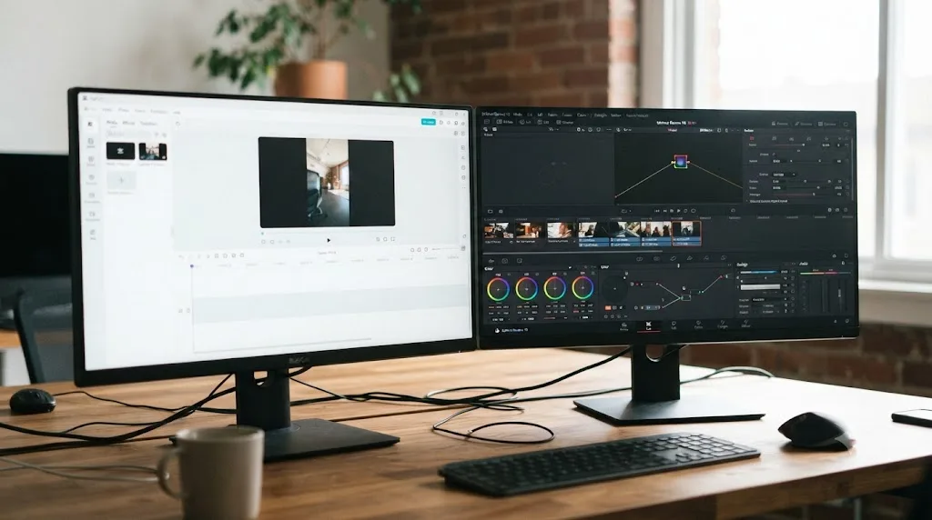 Illustration comparing the CapCut single screen interface to DaVinci Resolve's seven page layout