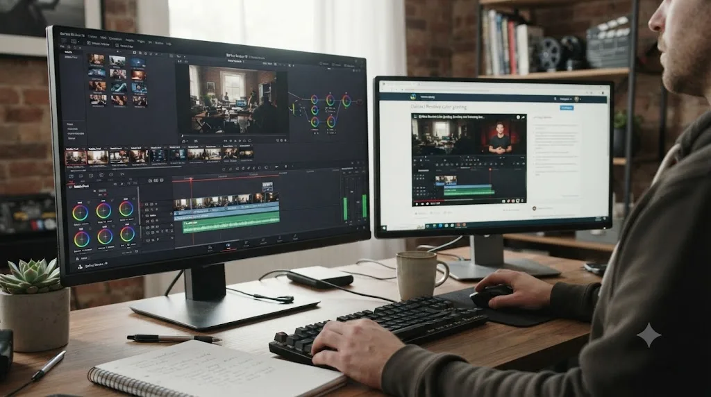Illustration of a switcher learning DaVinci Resolve with a project open alongside a training resource