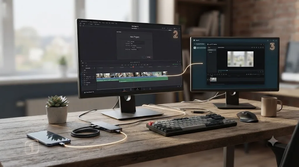 Illustration of a numbered workflow diagram moving raw footage from a phone into DaVinci Resolve using a CapCut export as reference
