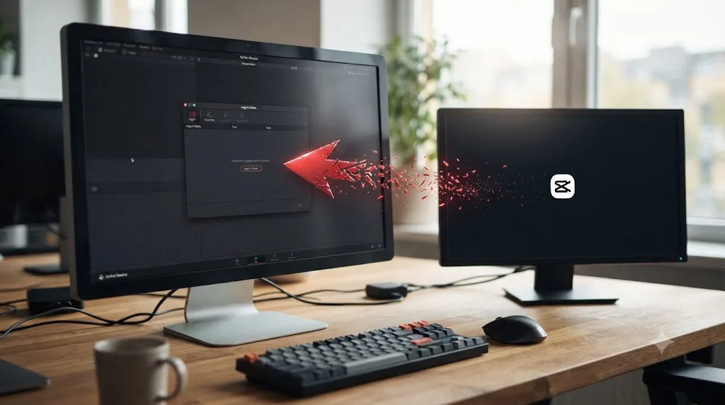 Illustration of a broken connection between a CapCut project and DaVinci Resolve's import dialog