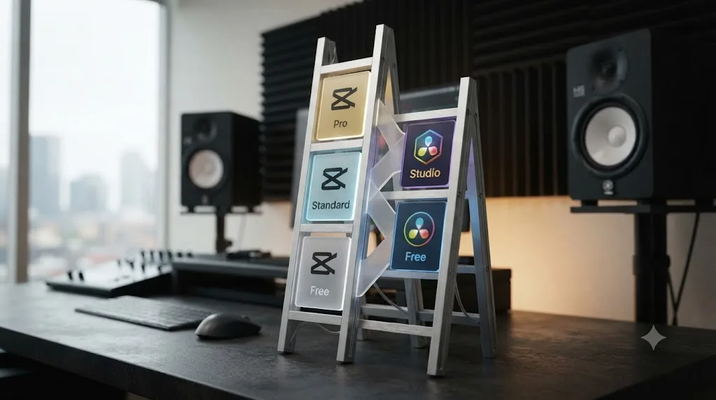 Illustration of a pricing comparison ladder between CapCut and DaVinci Resolve tiers