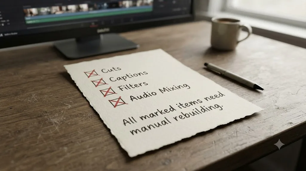 Illustration of a checklist showing what needs to be rebuilt after moving a project from CapCut to DaVinci Resolve