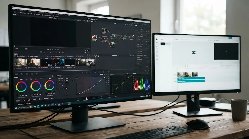 Illustration of DaVinci Resolve's edit, color, audio, and effects pages compared to CapCut's simpler interface