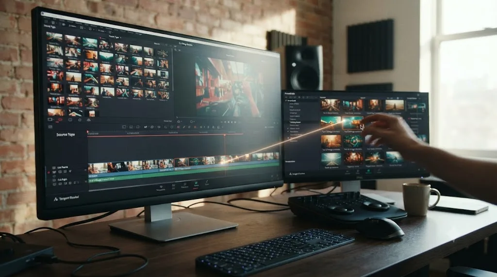 Illustration of the DaVinci Resolve Cut page with a source tape and a PowerGrade being applied to a clip