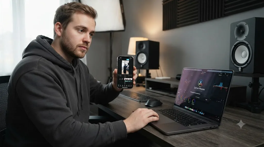 Illustration of a creator holding a phone running CapCut while opening DaVinci Resolve on a laptop