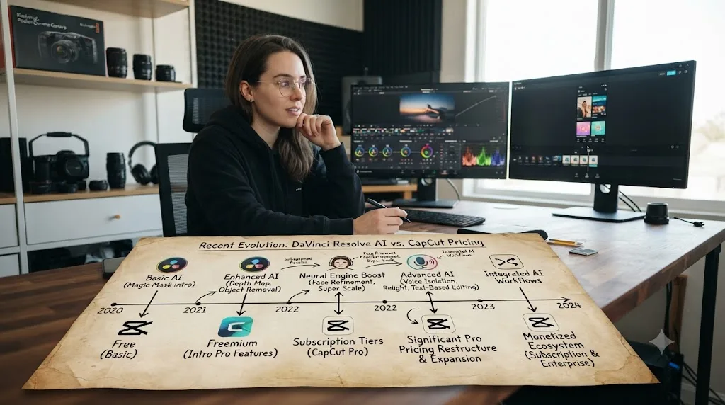 Illustration of a timeline showing DaVinci Resolve's AI features and CapCut's pricing changes evolving over time