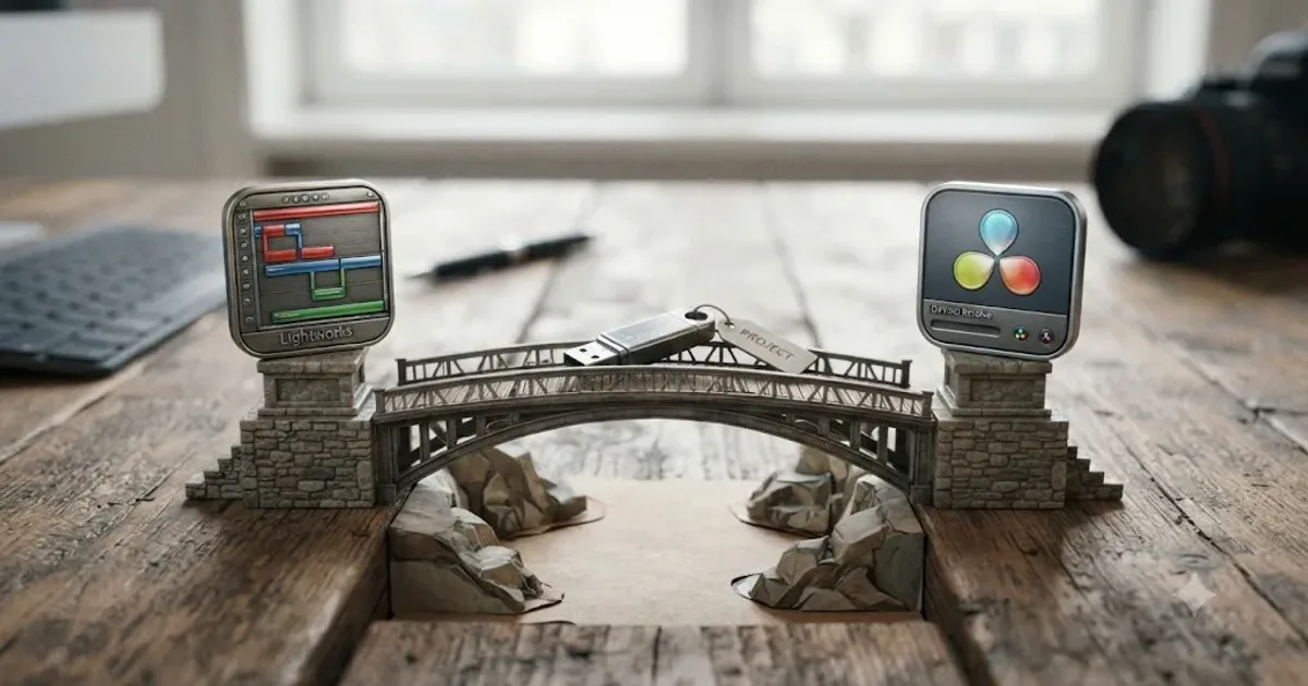 Illustration of a Lightworks timeline transforming into a DaVinci Resolve timeline across a bridge