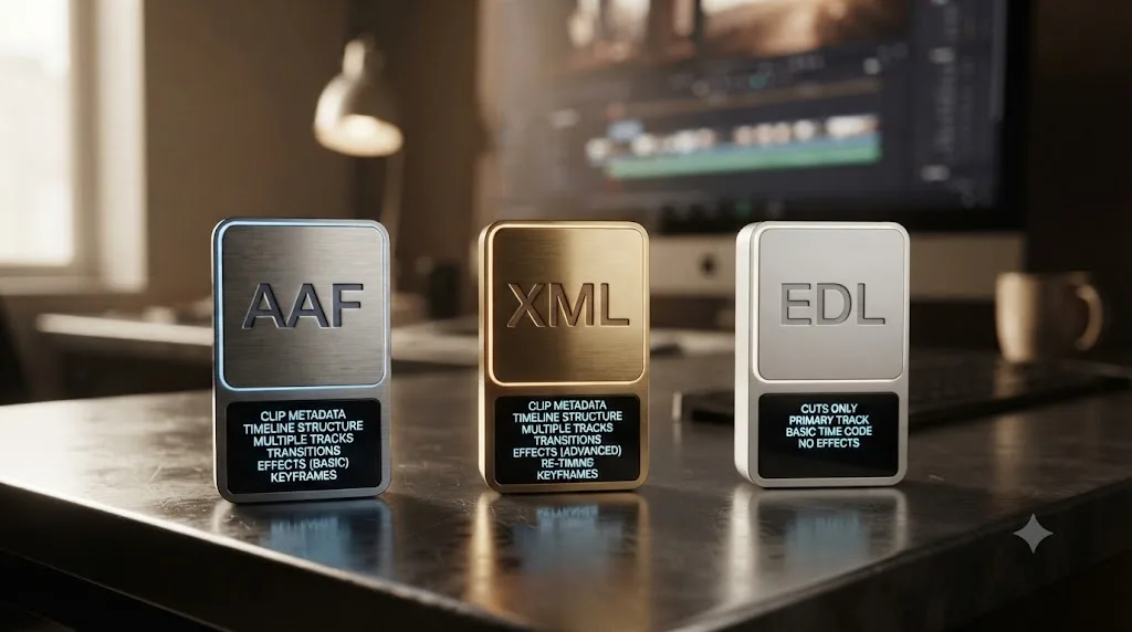 Illustration comparing AAF, XML, and EDL formats for moving a project from Lightworks to DaVinci Resolve