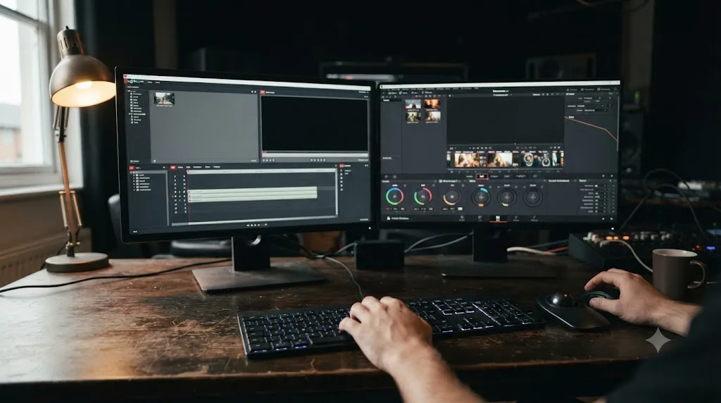 Illustration comparing the Lightworks single window interface to DaVinci Resolve's seven page layout